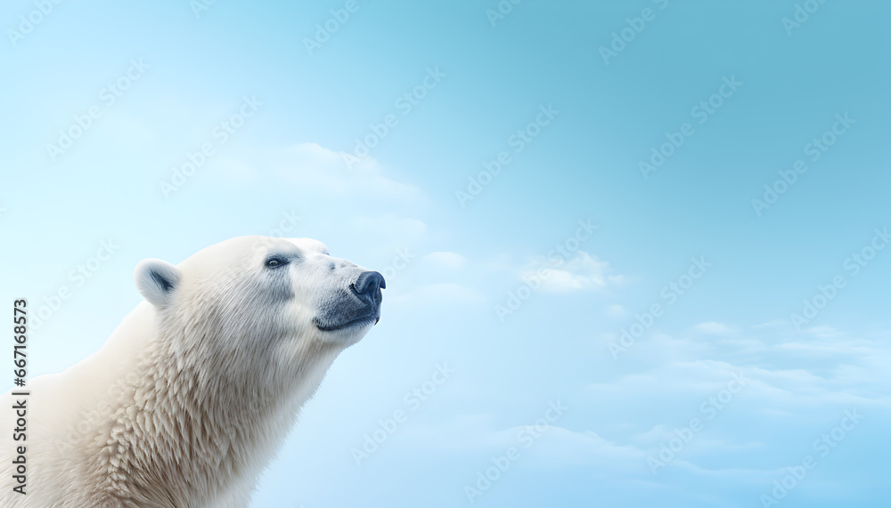 Fototapeta premium Background of a polar bear with empty space for text. Arctic, blue sky background