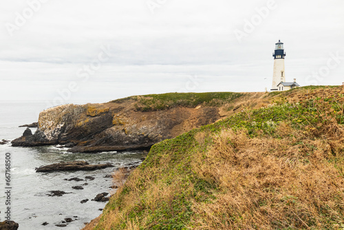 Yaquina Head Lighthouse seascape on the central Oregon Pacific coast. photo