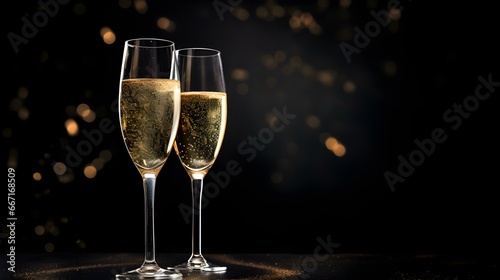 Two isolated Champagne Glasses in front of an anthracite Background. Festive Template for Holidays and Celebrations