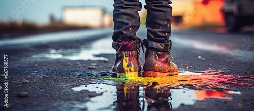 Child playing in spilled petrol wearing boots Environmental harm from toxic oil spill creating colorful chemical rainbow in nature photo