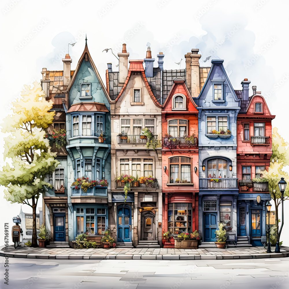 Obraz premium Watercolor sketches of European houses complement the beauty of the surrounding nature