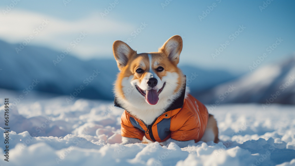 Corgi wearing down jacket sitting in the snowfield
