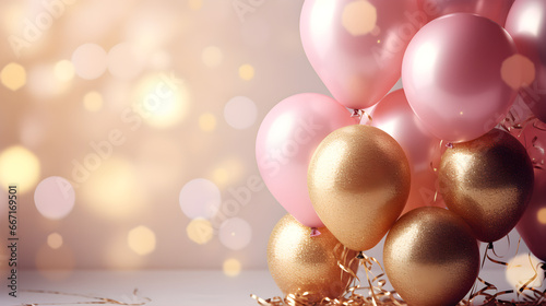 Festive banner design with copy space, pink and gold balloons, glitter tinsel on rosy bokeh background. Mockup for feast of Birthday, Women's Day, Mother's Day, anniversary, wedding, banner template