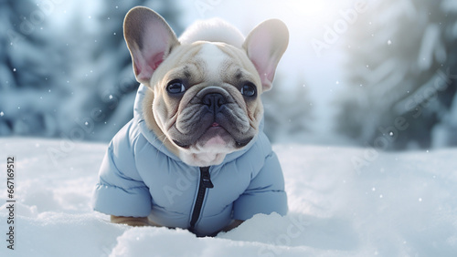 French Bulldog wearing down jacket sitting in the snowfield photo
