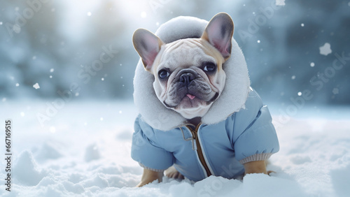 French Bulldog wearing down jacket sitting in the snowfield