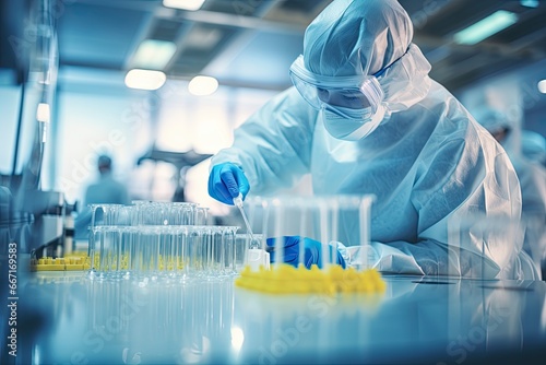 A scientist conducts pharmaceutical research in a laboratory, analyzing samples for medical breakthroughs and treatments.