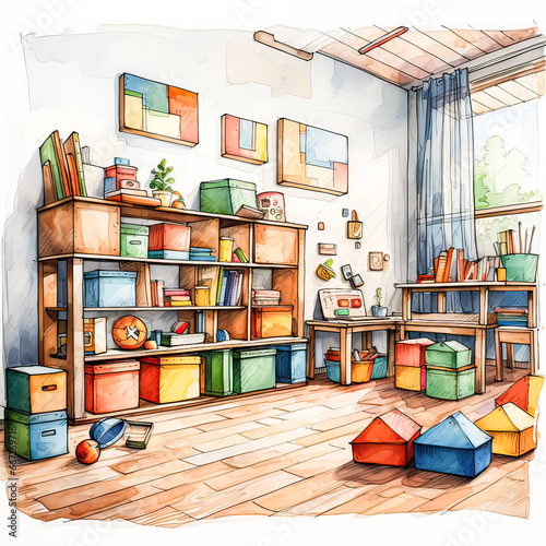 Sketch in watercolor liners captures a vibrant, multi colored childrens room photo