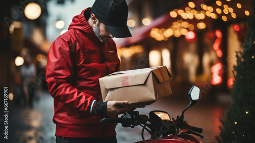 Delivery man in red jacket and cap with parcel on scooter. generativa IA