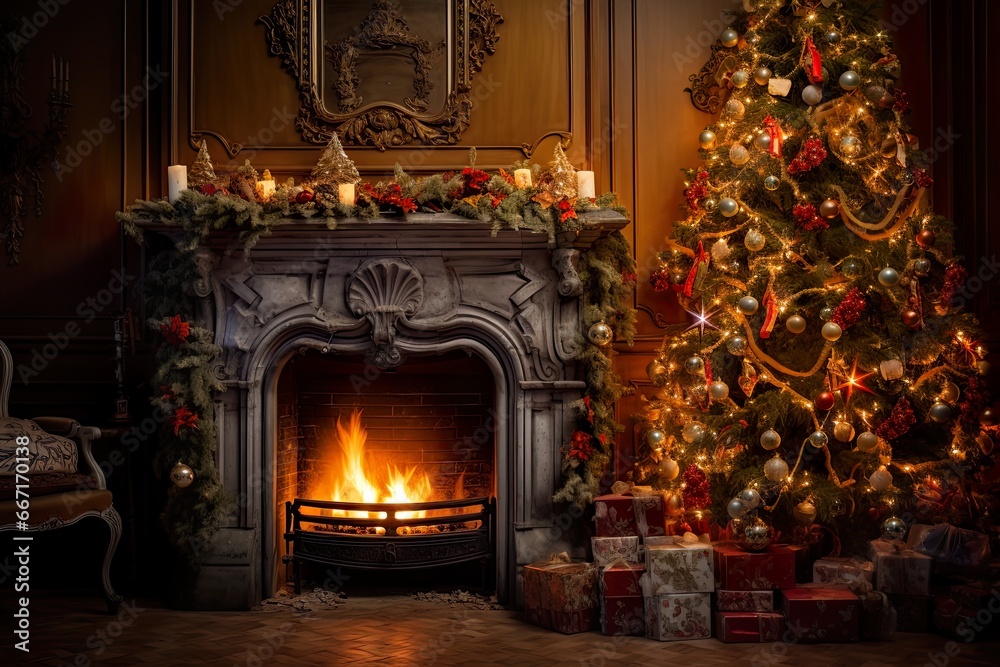Room decorated with christmas tree and christmas gifts Room decorated with christmas tree and christmas gifts