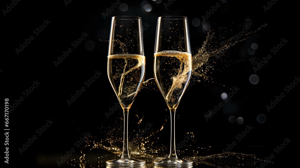 Two isolated Champagne Glasses in front of an black Background. Festive Template for Holidays and Celebrations Two isolated Champagne Glasses in front of an black Background. Festive Template for Holidays and Celebrations