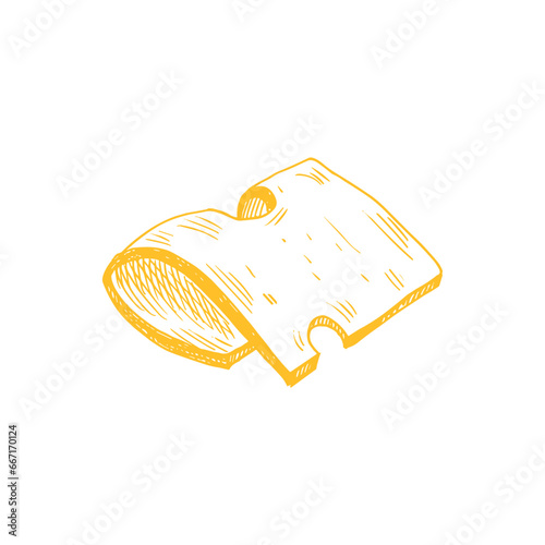 Watercolor slice swiss cheeses emmental cheese triangle with holes, maasdam.Delicious milk food hand-drawn illustration isolated on white background. Perfect for menu, recipe, label, packaging design.