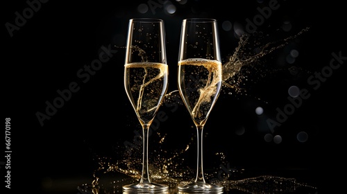 Two isolated Champagne Glasses in front of an black Background. Festive Template for Holidays and Celebrations