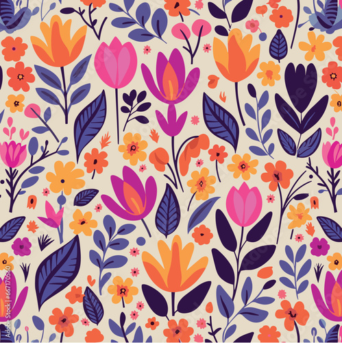 Seamless pattern with flowers and leaves. Vector flower backgrounds, wallpaper.