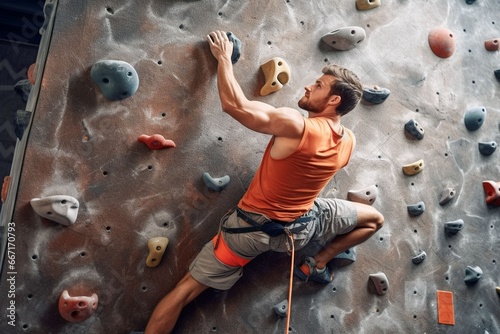 caucasian sportsman exercises climbing on climbing wall