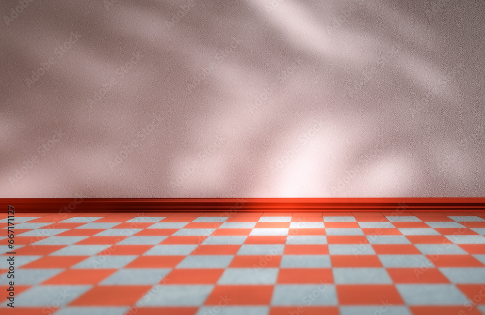 Empty room with checkered floor with plant shadow inside.