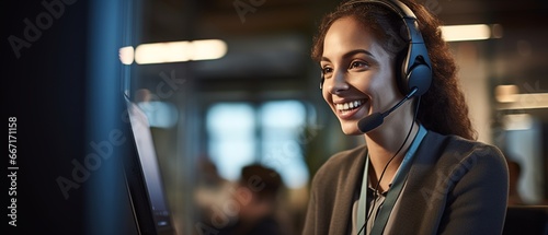 Customer service teleoperator woman teleworking in front of a computer