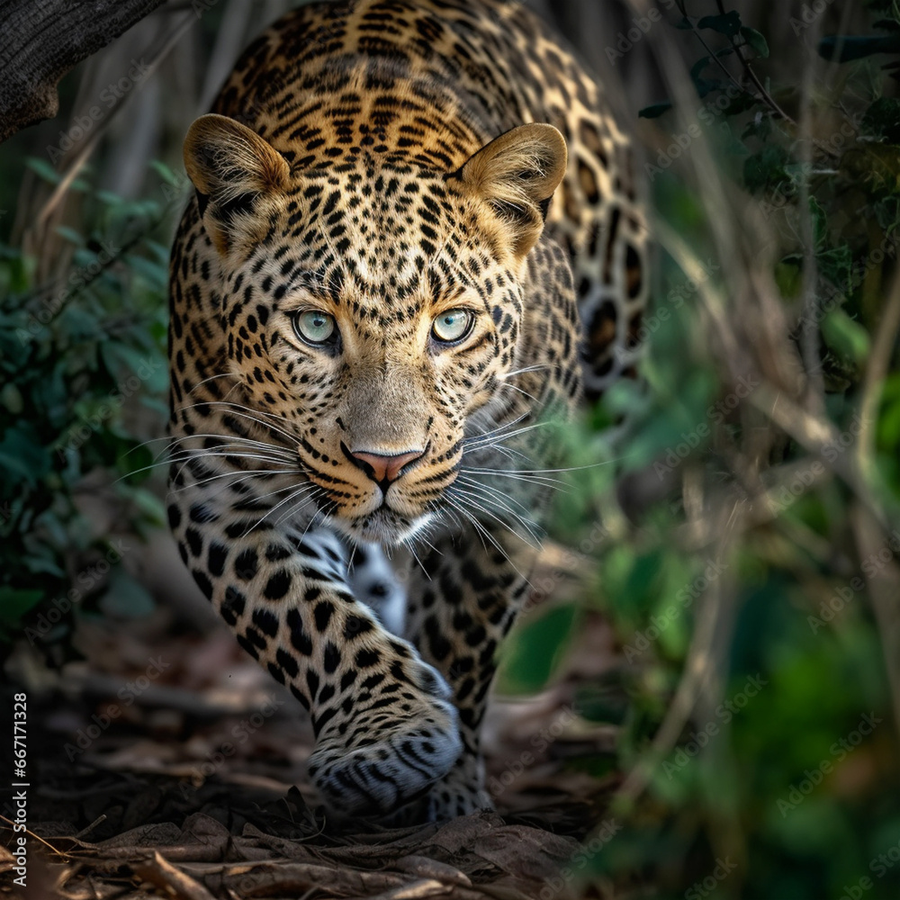 Fototapeta premium Portrait of a Leopard, in the style of graphite realism, fog, realistic, monochrome, ivory, dynamic pose