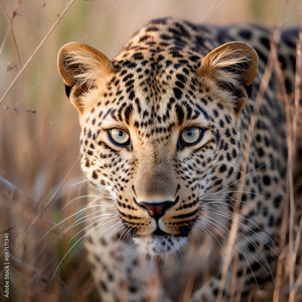 Obraz premium Portrait of a Leopard, in the style of graphite realism, fog, realistic, monochrome, ivory, dynamic pose