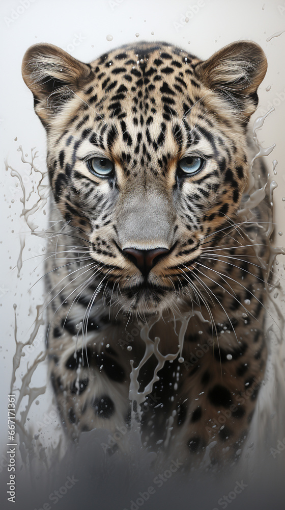 Obraz premium Portrait of a Leopard, in the style of graphite realism, fog, realistic, monochrome, ivory, dynamic pose