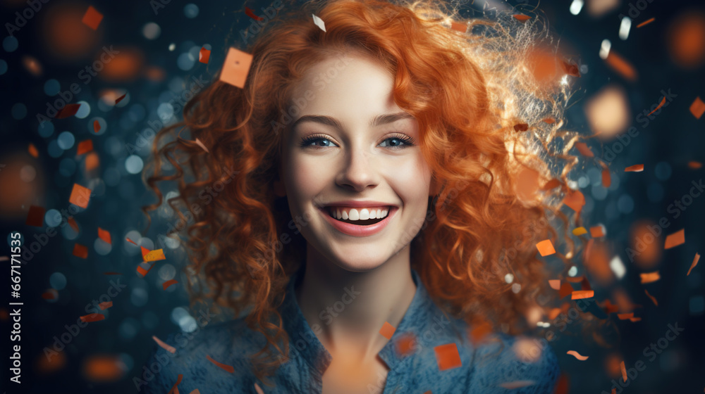 Happy red-haired curly smiling young woman looking at camera and confetti. Festive portrait, holiday or birthday concept Happy red-haired curly smiling young woman looking at camera and confetti. Festive portrait, holiday or birthday concept