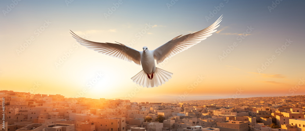 White dove with wings wide open in the blue sky air. Spirit of god background banner panorama. International Day of Peace concept. Generative ai - obrazy, fototapety, plakaty 
