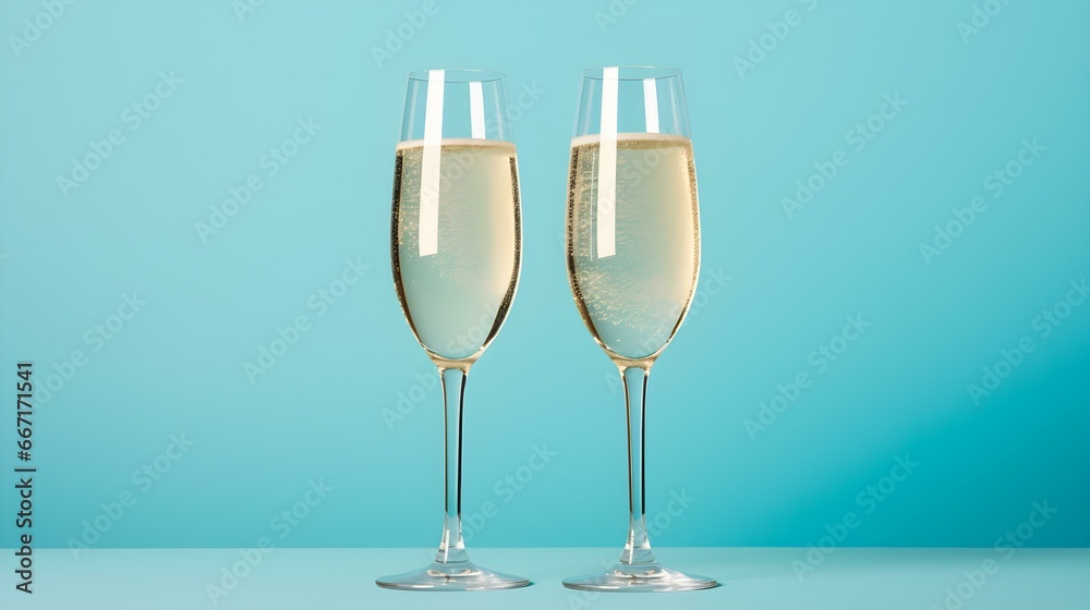 Two isolated Champagne Glasses in front of an cyan Background. Festive Template for Holidays and Celebrations Two isolated Champagne Glasses in front of an cyan Background. Festive Template for Holidays and Celebrations