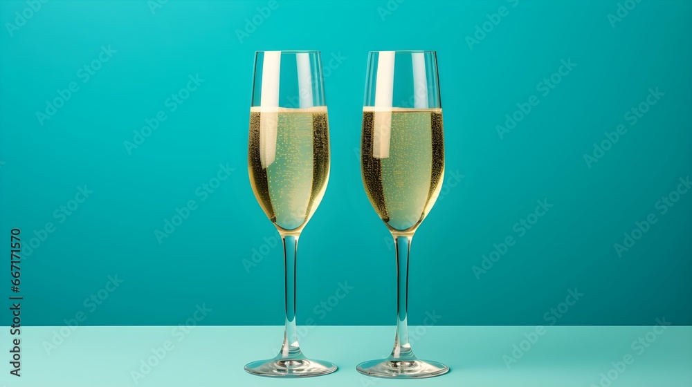 Two isolated Champagne Glasses in front of an cyan Background. Festive Template for Holidays and Celebrations