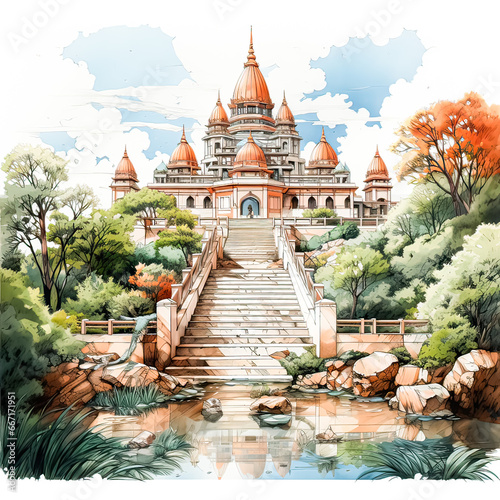 A watercolor sketch captures the essence of an Indian style temple in the lap of nature
