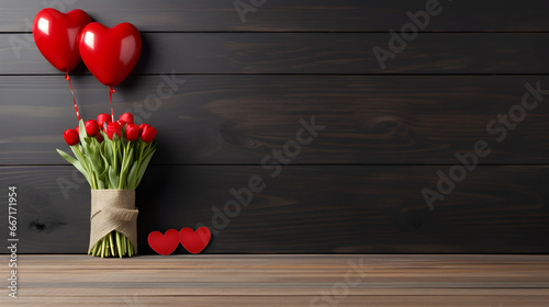 bouquet de roses plus ballons en forme de cœur sur un fond bois © Fox_Dsign