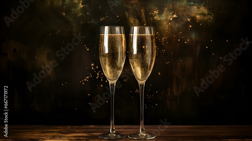 Two isolated Champagne Glasses in front of an dark brown Background. Festive Template for Holidays and Celebrations