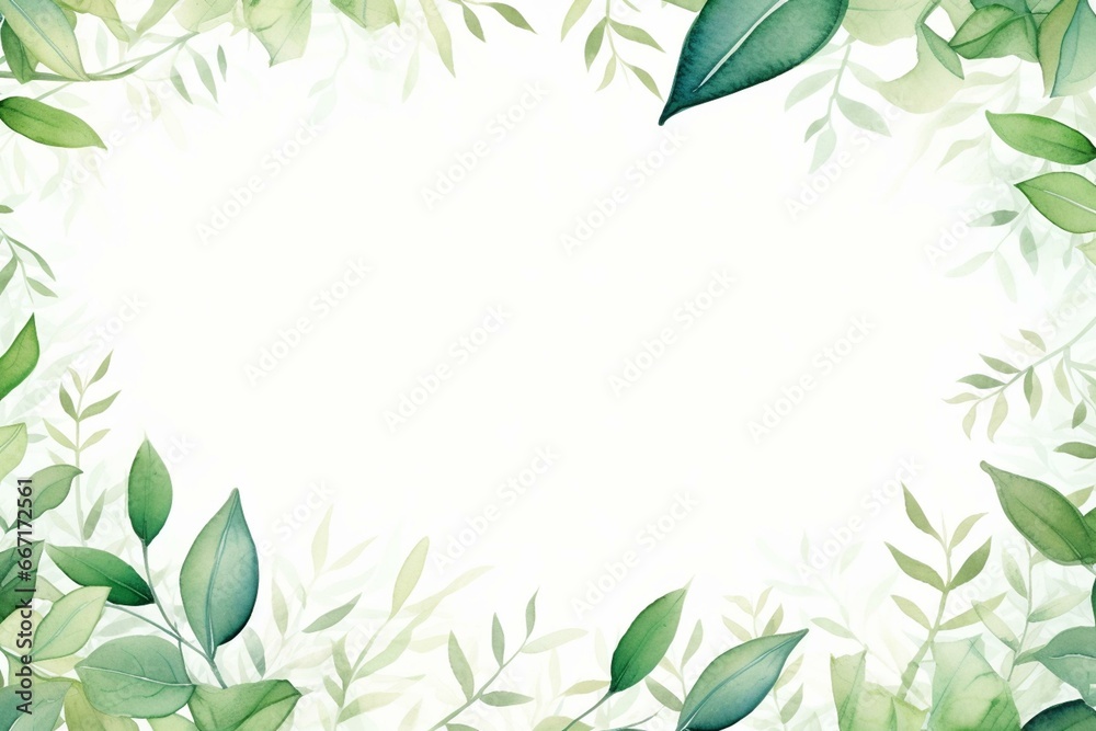 Watercolor border with green leaves and branches for various purposes like wedding stationary, greetings, wallpapers, fashion, backgrounds, textures, DIY, wrappers, and cards. Generative AI