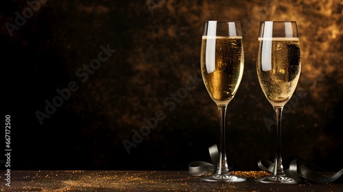 Two isolated Champagne Glasses in front of an dark gold Background. Festive Template for Holidays and Celebrations