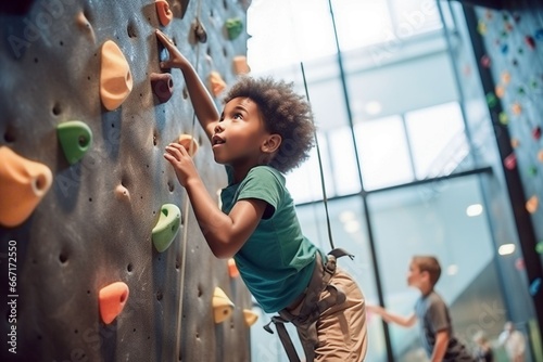 African child boy sports exercises climbing on climbing wall photo