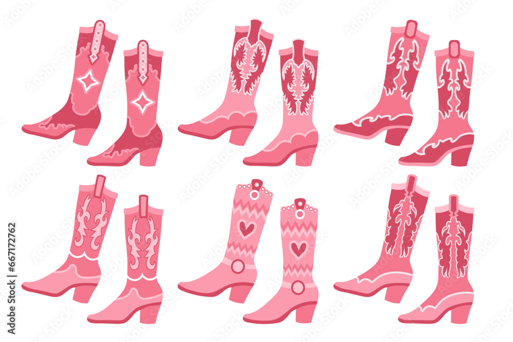 Set of pink cowgirl boots. Pink cowgirl boots with decorative details. Various cowgirl boots, stickers. Cowboy western theme, wild west, texas. Illustration. Vector - obrazy, fototapety, plakaty 
