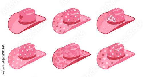 Set of pink cowgirl hats. Pink hats with hearts, stars, crown. Icons for kids. Vector