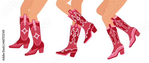 Set of legs in cowboy boots. Various cowgirl boots. Cowboy western theme, wild west, texas. Hand drawn color trendy illustration, vector