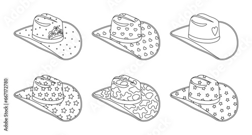 Set of cowgirl hats. Sketch. Outline hats with hearts, stars, crown. Vector