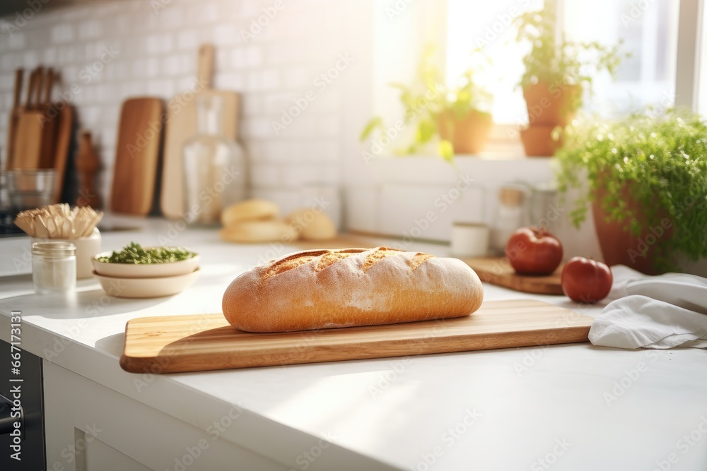 A close-up of freshly baked homemade rustic bread placed on a wooden cutting board creates a wholesome and traditional feel.