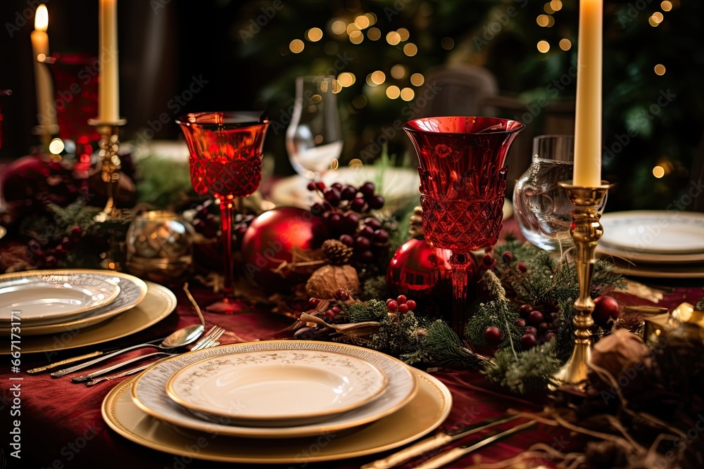 Beautifully decorated Christmas dining table with red and gold accents, holiday candles and tree. Beautifully decorated Christmas dining table with red and gold accents, holiday candles and tree.