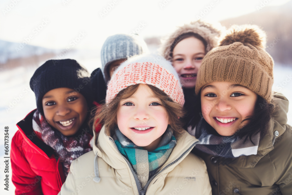 Group of diverse happy multi-ethnic children playing in snow and having fun outdoors in winter time Group of diverse happy multi-ethnic children playing in snow and having fun outdoors in winter time