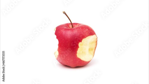 One red ripe apple becomes the core on a white background. Red apple from whole to core. Side view.