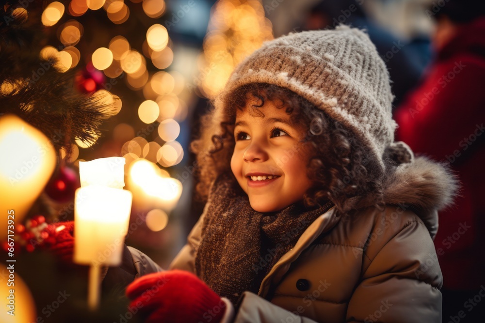 Smiling Little Girl in a Winter Coat and Hat by Lit Candles with a Blurred Background
