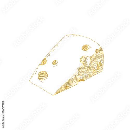 Watercolor piece swiss cheeses emmental cheese triangle with holes. Delicious milk food hand-drawn illustration isolated on white background. Perfect for menu, recipe, label, packaging design.
