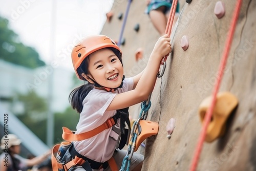 Asian child girl sports exercises climbing on climbing wall