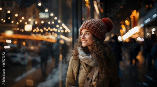 Young people look into Christmas-decorated shop windows in the city at Christmas time, AI generated