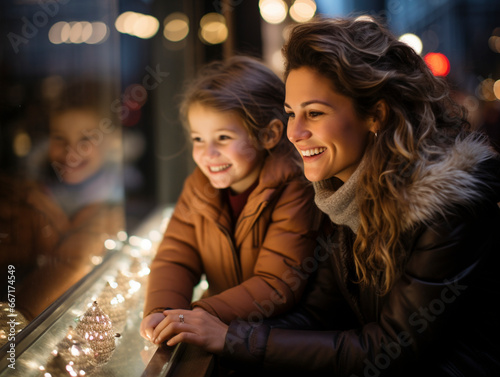 Young people look into Christmas-decorated shop windows in the city at Christmas time  AI generated
