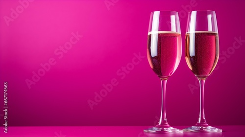 Two isolated Champagne Glasses in front of an fuchsia Background. Festive Template for Holidays and Celebrations