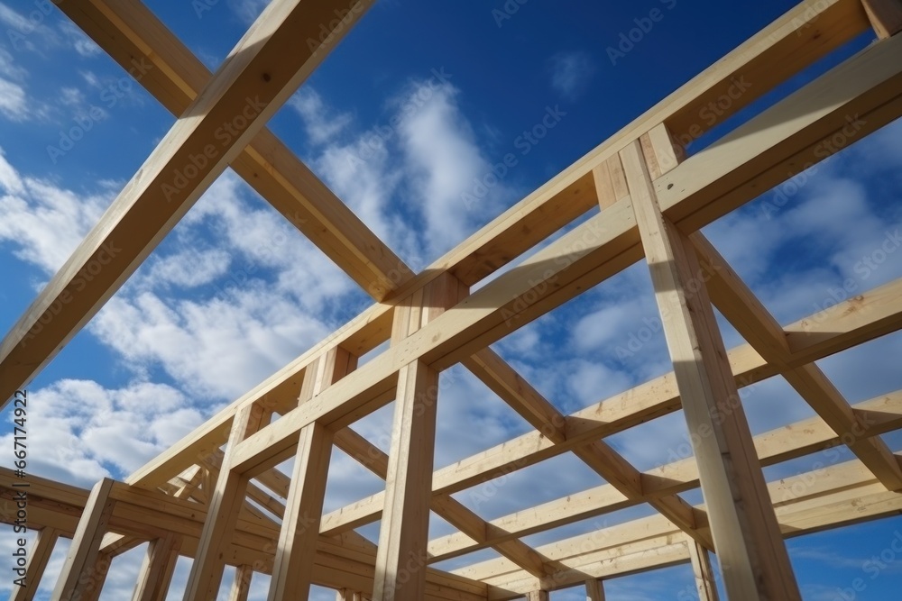 Detail of wooden house frame reveals craftsmanship and sturdiness into construction. Wooden frame of house without ceilings demonstrates decisions with structural sturdiness integral to construction