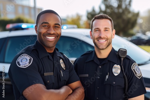 African American police officer and white police officer stand together. African American cop with white cop pose. African American with European colleague pose against police car before shift photo