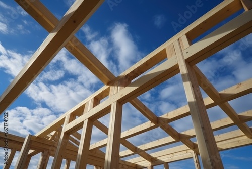 Detail of wooden house frame reveals craftsmanship and sturdiness into construction. Wooden frame of house without ceilings demonstrates decisions with structural sturdiness integral to construction